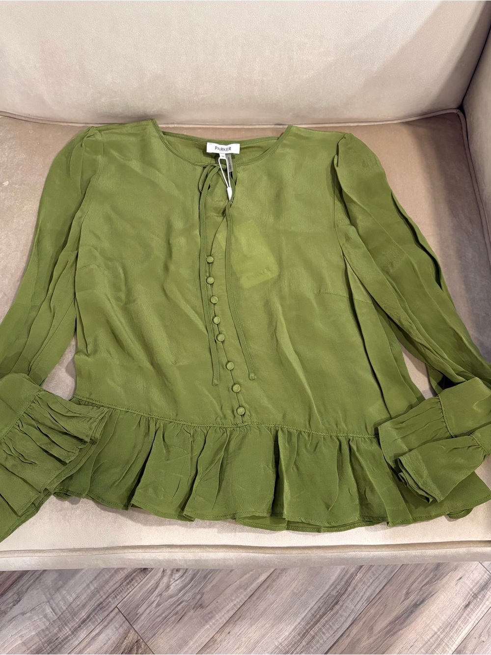 Parker Olive Tie-Neck Ruffle Hem Blouse
